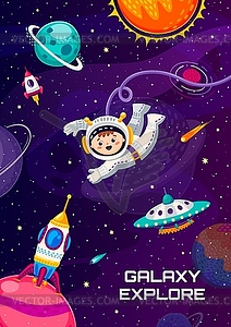 Cartoon space poster with kid astronaut character - royalty-free vector clipart