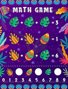 Math game worksheet with cartoon plant leaves - vector clipart