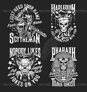 Death, harlequin, pharaoh and scary clown - vector image