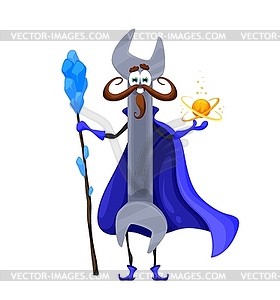 Cartoon Halloween wrench tool wizard Diy character - vector image