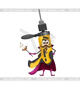 Cartoon halloween drill tool wizard character - vector image