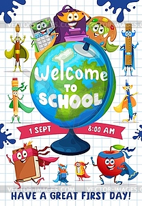 Back to school, cartoon superhero stationery books - vector clipart