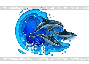 Cartoon dolphins and sea paper cut landscape - vector image