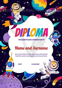 Kids astronaut diploma, cartoon boys and alien - vector image