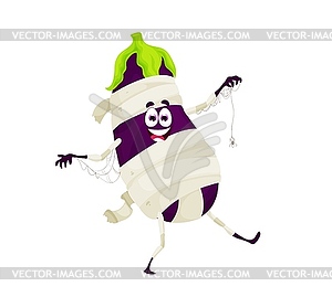 Cartoon Halloween eggplant mummy spooky character - vector image