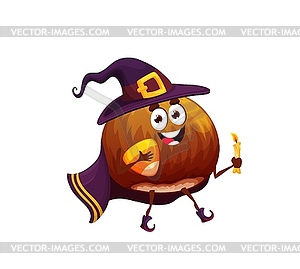 Cartoon halloween hazelnut wizard holding sweets - vector clipart / vector image