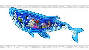 Cartoon whale, paper cut silhouette in underwater - vector image