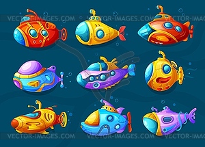 Cartoon underwater submarines, game asset - vector clipart