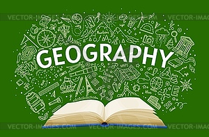 Geography textbook on school chalkboard background - royalty-free vector image