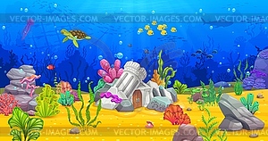 Game level cartoon underwater landscape with ruins - vector image