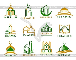 Muslim mosque, Islam religion and Quran icons - stock vector clipart