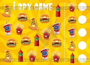 I spy game, cartoon takeaway fast food characters - vector clip art