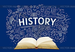 Учебник истории на фоне школьной классной доски - изображение в векторном формате