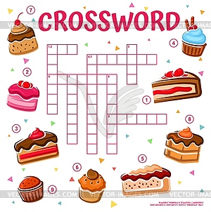 Cakes, cupcakes and pies, crossword grid quiz game - vector image