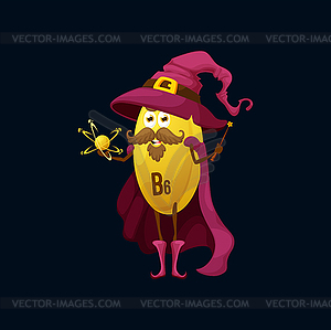 Cartoon funny vitamin B6 wizard character pill - vector image