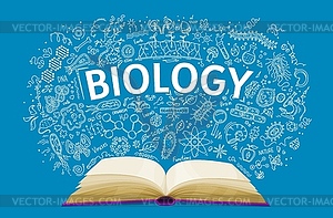 Biology textbook on school chalkboard background - vector image