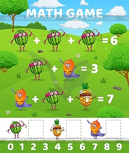 Watermelon, mango, pineapple, math game worksheet - vector clip art