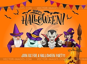 Halloween cartoon wizard, witch, ghost characters - vector image