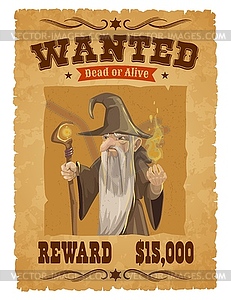 Halloween wanted banner cartoon angry wizard - vector image