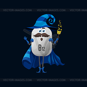 Cartoon vitamin B12 magician character with wand - vector image
