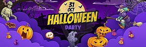 Halloween paper cut banner with clouds, witch - vector clipart
