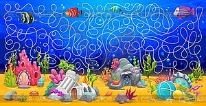 Лабиринт-игра в лабиринт, мультяшные подводные домики - векторное изображение EPS