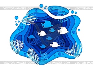 Underwater paper cut landscape with sea fish shoal - vector image