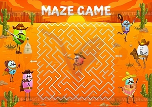 Western labyrinth maze and cartoon vitamin cowboys - vector image