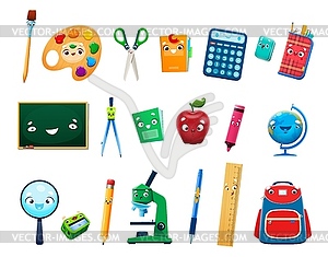 Cartoon school characters, books and stationery - royalty-free vector image