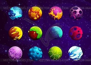 Cartoon alien fantasy space galaxy planets set - vector image