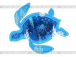 Sea turtle silhouette in underwater paper cut - vector clipart