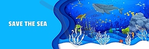 Cartoon sea paper cut landscape, save ocean banner - vector clipart