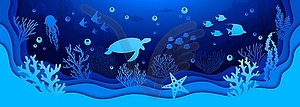 Underwater paper cut, sea landscape with turtle - vector clip art