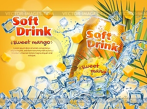 Банка фруктового напитка из манго, кубики льда и плакат с изображением брызг - векторный эскиз