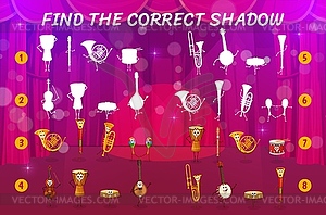 Find correct shadow game with musical instruments - vector clipart