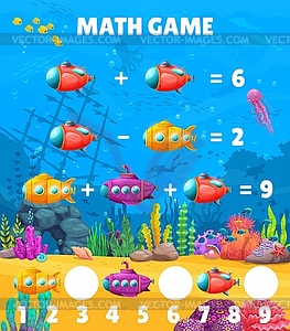 Math game worksheet with cartoon submarines - stock vector clipart