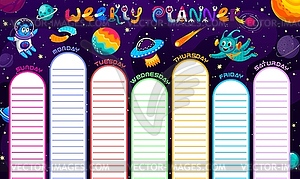 Weekly planner schedule. Cartoon alien and ufo - vector clipart