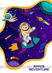 Space poster, cartoon kid astronaut on rocketship - vector clip art