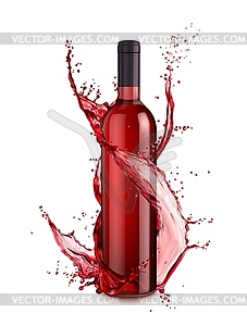 Red wine bottle and swirl splash, - vector image