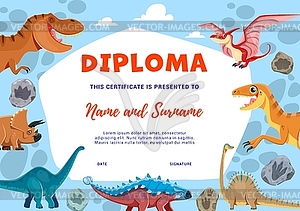 Kids diploma, cartoon dinosaur characters, fossil - vector image