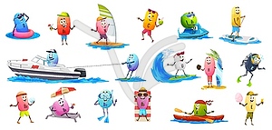 Cartoon vitamin characters on summer vacation - color vector clipart