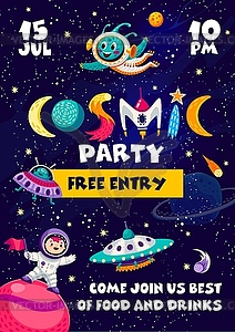 Cosmic party flyer. Cartoon funny space characters - vector image