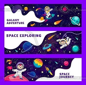 Cartoon space banners. Funny astronauts and space - vector image