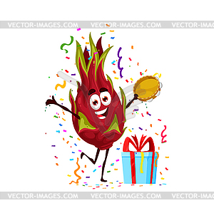 Cartoon dragon fruit character on birthday party - vector image