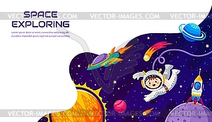 Space landing page. Cartoon planets and astronaut - vector clipart