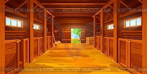 Cartoon farm stable, barn interior with sand floor - vector clipart