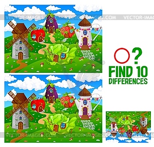 Find ten differences in cartoon fairytale houses - vector clipart