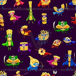 Cartoon pasta superhero character seamless pattern - vector image