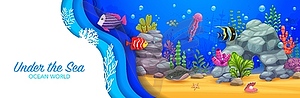 Cartoon underwater paper cut, sea landscape banner - vector clipart