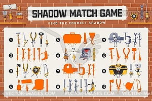 Shadow match game worksheet, cartoon work tools - vector clip art